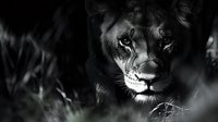 Majestic lioness portrait in dramatic black and white lighting showcasing intense gaze and powerful expression in natural wildlife setting.