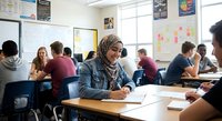 Young Muslim woman wearing hijab studying in diverse college classroom with students working at desks during academic session.