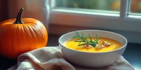 Creamy pumpkin soup with rosemary garnish served in white bowl beside fresh orange pumpkin on kitchen counter with natural window lighting for autumn cooking.