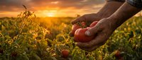 Farmer hands holding fresh ripe tomatoes at sunset in organic vegetable garden. Agricultural harvest concept with golden hour lighting over crop field.