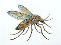 Detailed wasp illustration with transparent wings and segmented body in golden and teal tones, isolated on white background for design and educational use.