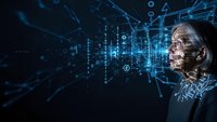Senior businessman analyzing futuristic digital data network with glowing blue holographic interface and geometric patterns in dark technology environment.