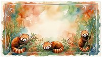 Watercolor red pandas in bamboo forest frame with soft pastel background, adorable wildlife animals in natural habitat for children's decor and educational materials.