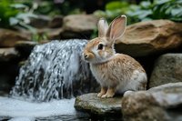 Adorable brown and white rabbit sitting on rock near waterfall in natural garden setting, soft fur catching sunlight against blurred flowing water background.