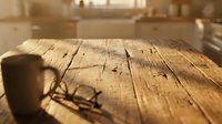 Rustic wooden table surface with eyeglasses in warm sunlit kitchen interior, natural wood grain texture for product display and home decor concepts.
