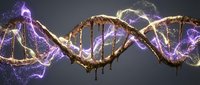 Golden DNA double helix structure with purple electric energy effects on dark background for scientific research and biotechnology concepts.