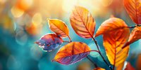 Vibrant orange and red autumn leaves against blurred turquoise background with soft bokeh lights create dreamy seasonal atmosphere. Perfect for fall designs and nature themes.