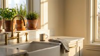 Cozy kitchen windowsill with potted herbs, white farmhouse sink and warm sunlight streaming through window creating peaceful morning atmosphere.