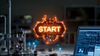 Glowing orange start button with molecular structure border floating in modern laboratory environment with computer screens and scientific equipment.