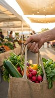Close-up of male hand holding reusable linen bag filled with fresh vegetables at outdoor farmers market under shade cloth. Sustainable shopping and local produce concept.