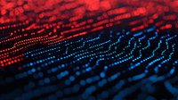 Abstract digital wave pattern with glowing red and blue dots forming dynamic undulating surface, modern technology background for presentations and designs.