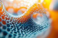 Abstract macro photography of honeycomb mesh structure in orange and blue tones creating dynamic wave pattern with selective focus and bokeh effect.