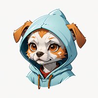 Cute puppy character wearing blue hoodie, brown eyes and white fur with orange patches, cartoon style illustration on white background for merchandise design.