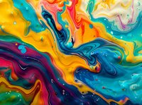 Vibrant fluid art with swirling yellow, blue, pink, and turquoise paint creating abstract marble effect with dynamic movement and colorful patterns.