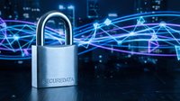 Silver padlock with secure data text against blue digital network background with glowing connections and data flow lines for cybersecurity concepts.