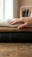 Hand touching stack of folded knitted sweaters in neutral tones on wooden surface. Cozy autumn winter clothing textile fabric quality concept.