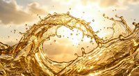 Golden liquid splash creating dynamic wave motion with droplets against warm sunset sky background for beverage and fluid dynamics concepts.