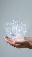 Hand holding glowing digital holographic blueprint with illuminated network nodes and circuit pathways, representing technology innovation, data processing, and smart building design solutions.