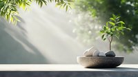 Zen garden bowl with smooth stones and growing plant on sunlit windowsill, rays of light creating peaceful morning atmosphere with green foliage background.