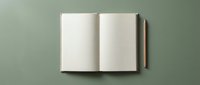 Open blank notebook with wooden pencil on sage green background, ready for writing, planning, journaling, education, or creative projects.