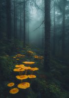Glowing orange mushrooms create magical path through misty dark forest, pine trees silhouetted in ethereal green fog, moody atmospheric woodland scene.