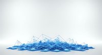 Abstract blue digital mountain landscape with geometric wireframe peaks and data visualization elements on white background, suitable for technology, innovation, and business concepts.