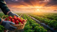 Farmer harvesting fresh ripe strawberries in wicker basket at sunset on organic farm field. Agricultural worker collecting red berries during golden hour harvest season.