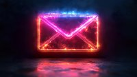 Glowing neon envelope symbol with red and blue light effects floating over reflective dark surface, modern digital communication concept for marketing designs.