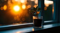 Young plant in clear glass with water on windowsill during golden hour sunset, backlit by warm sunlight creating bokeh effect, suitable for wellness and home decor designs.