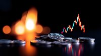 Stack of cryptocurrency coins with trading chart reflection and glowing bokeh lights in background, dramatic financial market concept for digital currency.