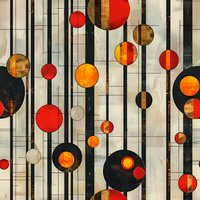 Abstract geometric pattern with vertical black lines and floating circles in orange, red, and black on textured background. Modern minimalist art composition for wall decor.