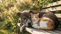 Senior gray dog and orange tabby cat resting together on wooden park bench in warm sunlight with blooming trees creating peaceful friendship moment.