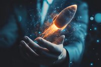 Glowing rocket hologram floating above open palm against dark background with magical particles and blue bokeh lights creates futuristic atmosphere.