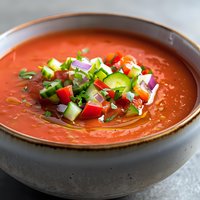 Fresh gazpacho soup with colorful vegetable garnish in ceramic bowl. Vibrant summer dish for restaurant menus and food blogs.