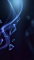 Abstract blue smoke swirls with floating geometric crystals on dark background for modern digital design and technology concepts.