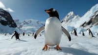 Gentoo penguin standing on snowy terrain with wings spread against backdrop of snow-covered mountains and colony of penguins in Antarctica landscape.