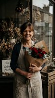 Mature woman florist holding red rose bouquet in kraft paper at flower shop window display with dried flowers and vintage signage, small business owner portrait.