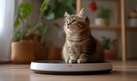 Curious fluffy tabby cat sitting on smart weight scale in modern home interior with houseplants, looking up attentively in warm natural lighting.