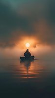 Silhouetted figure meditating in boat on calm water at sunrise, golden sun glowing through misty clouds, peaceful reflection on water surface for wellness and mindfulness concepts.
