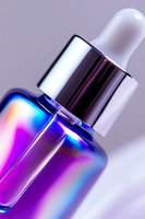 Iridescent glass dropper bottle with holographic purple and blue reflections against light background, close-up view of luxury cosmetic packaging.