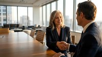 Professional businesswoman and businessman shaking hands across conference table in modern office meeting room with city view windows.