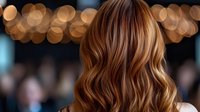Woman with flowing wavy brown hair with blonde highlights against blurred city lights bokeh background at night creating elegant hairstyle concept.