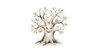 Spooky Halloween tree with carved pumpkin faces and ghosts hanging from branches on white background isolated for seasonal design projects.
