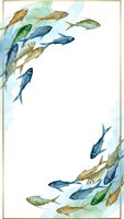 Watercolor fish frame with swimming marine life in blue and green tones on white background for seafood restaurant menus and ocean-themed designs.