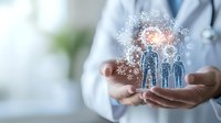 Medical professional holding holographic family figures with glowing brain network, representing mental health care and neurological treatment in modern medicine.