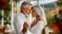 Romantic mature couple dancing together, silver-haired man and blonde woman in white clothing share intimate moment with soft natural lighting and bokeh background.
