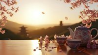 Ceramic teapot and cup on wooden table with cherry blossoms at sunset, peaceful tea ceremony scene with falling petals and warm golden light.