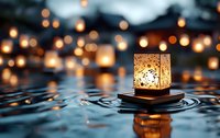 Decorative lantern floating on water with warm bokeh lights creating magical ambiance for meditation, relaxation and peaceful evening atmosphere.