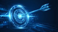 Digital arrow hitting glowing target bullseye with blue light effects and circuit patterns on dark background for business success and goal achievement concepts.