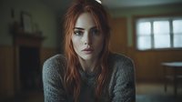 Young woman with red hair wearing gray knit sweater looking directly at camera with intense gaze in moody indoor setting with natural window light and wooden interior.